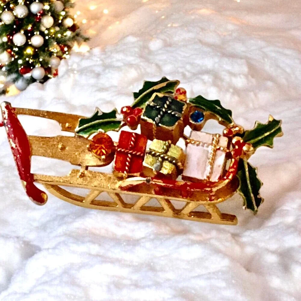 Weiss Christmas Sled Brooch Pin Rhinestones Enamel Gifts GoldTone Vintage Signed